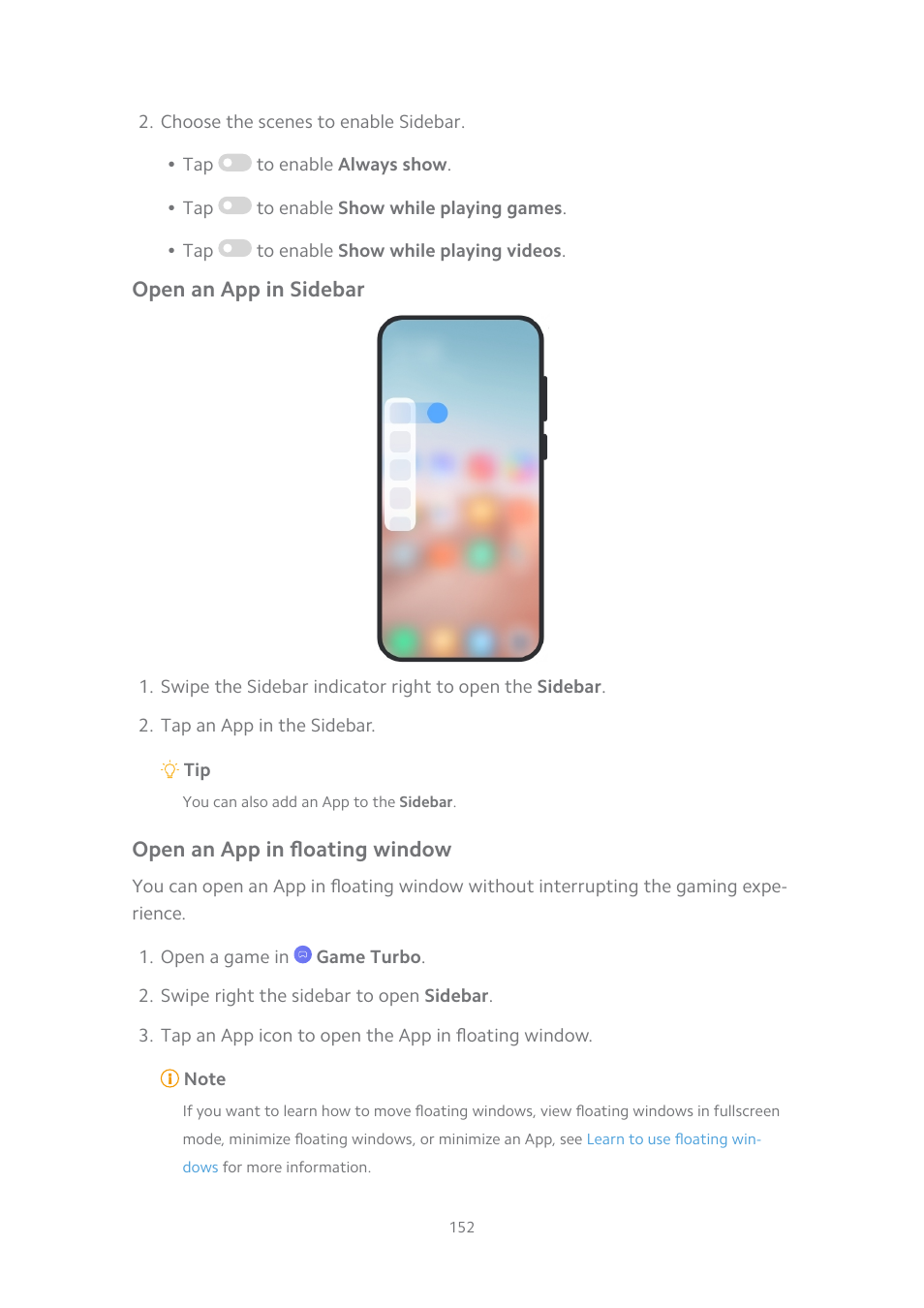 Open an app in sidebar, Open an app in floating window | Xiaomi MIUI 14 User Manual | Page 159 / 166