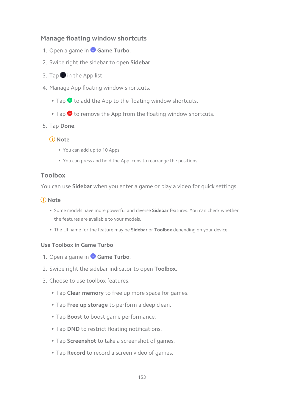 Manage floating window shortcuts, Toolbox, Use toolbox in game turbo | Xiaomi MIUI 14 User Manual | Page 160 / 166