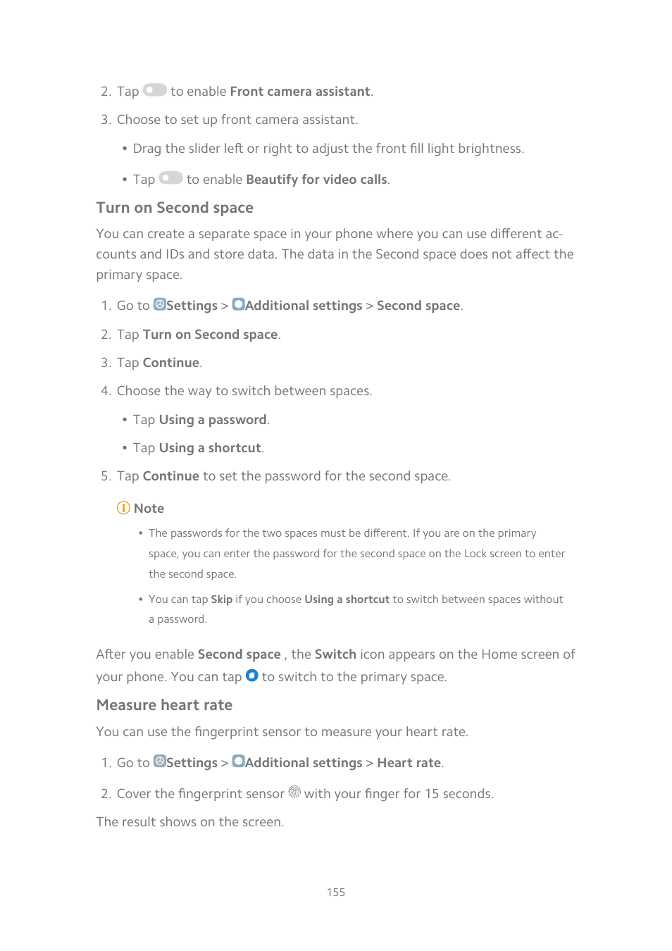 Turn on second space, Measure heart rate | Xiaomi MIUI 14 User Manual | Page 162 / 166