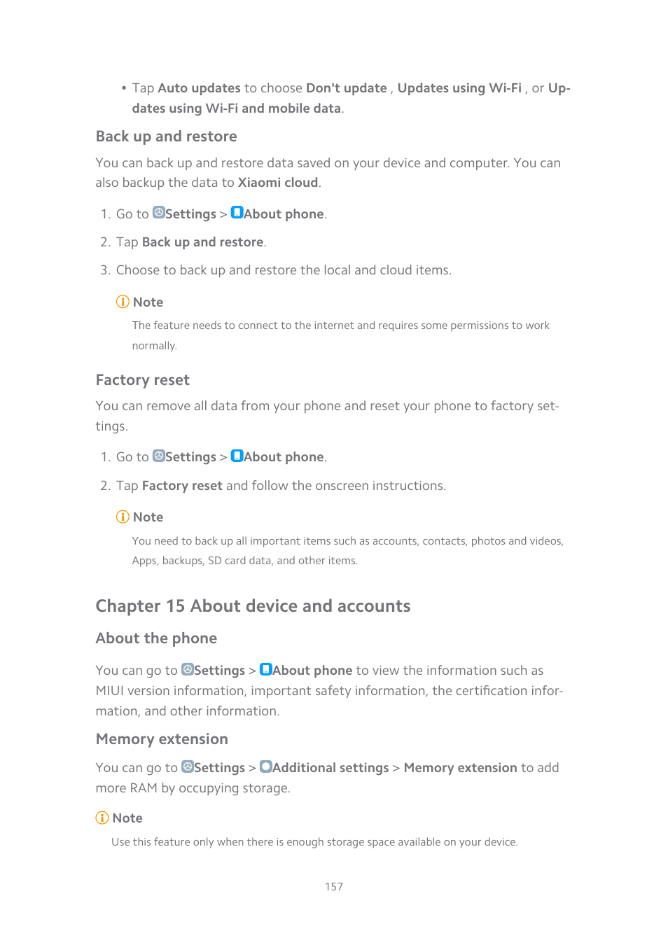 Back up and restore, Factory reset, Chapter 15 about device and accounts | About the phone, Memory extension | Xiaomi MIUI 14 User Manual | Page 164 / 166