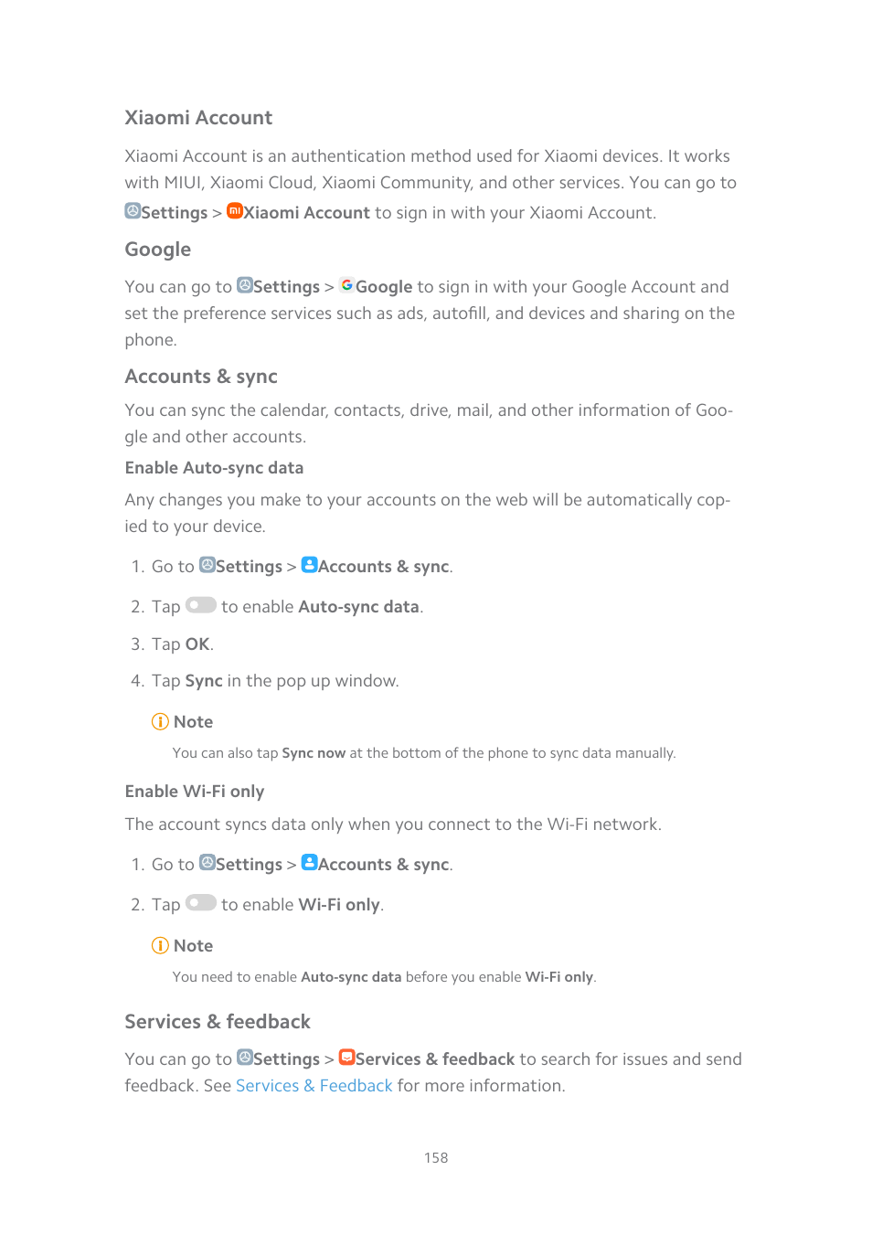 Xiaomi account, Google, Accounts & sync | Enable auto-sync data, Enable wi-fi only, Services & feedback | Xiaomi MIUI 14 User Manual | Page 165 / 166