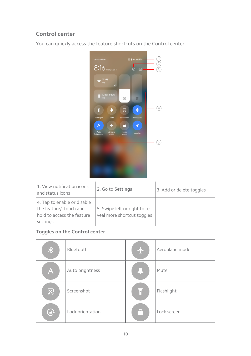 Control center, Toggles on the control center | Xiaomi MIUI 14 User Manual | Page 17 / 166