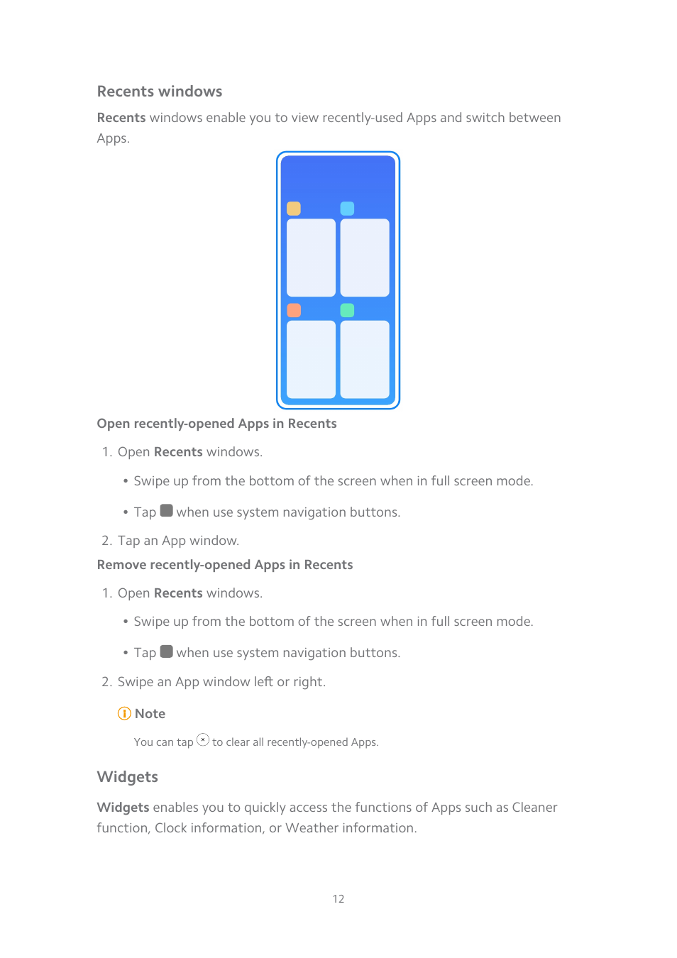 Recents windows, Open recently-opened apps in recents, Remove recently-opened apps in recents | Widgets | Xiaomi MIUI 14 User Manual | Page 19 / 166