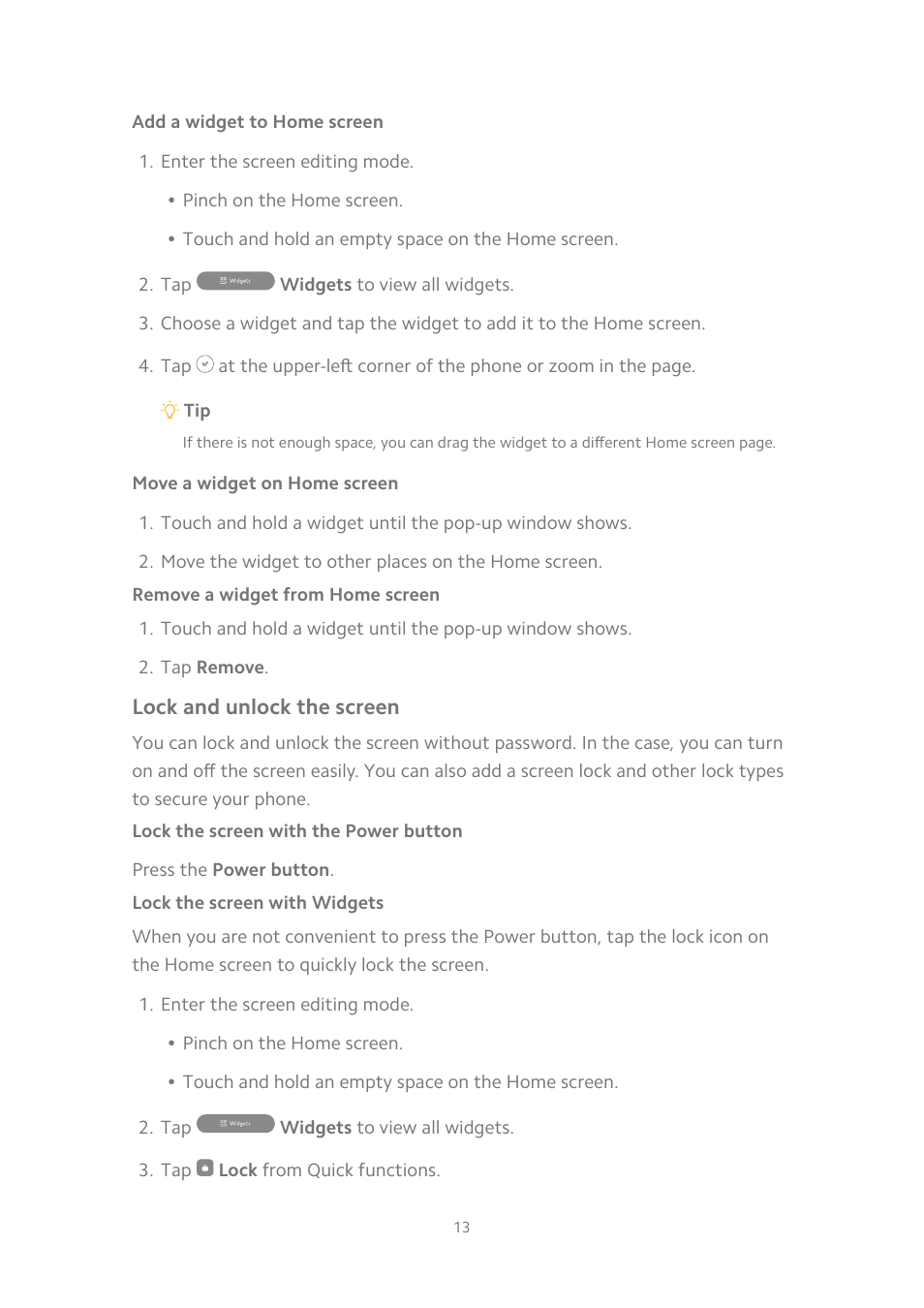 Add a widget to home screen, Move a widget on home screen, Remove a widget from home screen | Lock and unlock the screen, Lock the screen with the power button, Lock the screen with widgets | Xiaomi MIUI 14 User Manual | Page 20 / 166
