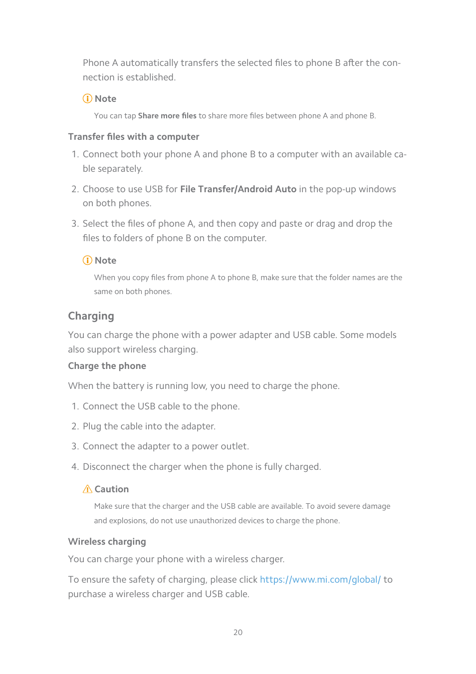 Transfer files with a computer, Charging, Charge the phone | Wireless charging | Xiaomi MIUI 14 User Manual | Page 27 / 166