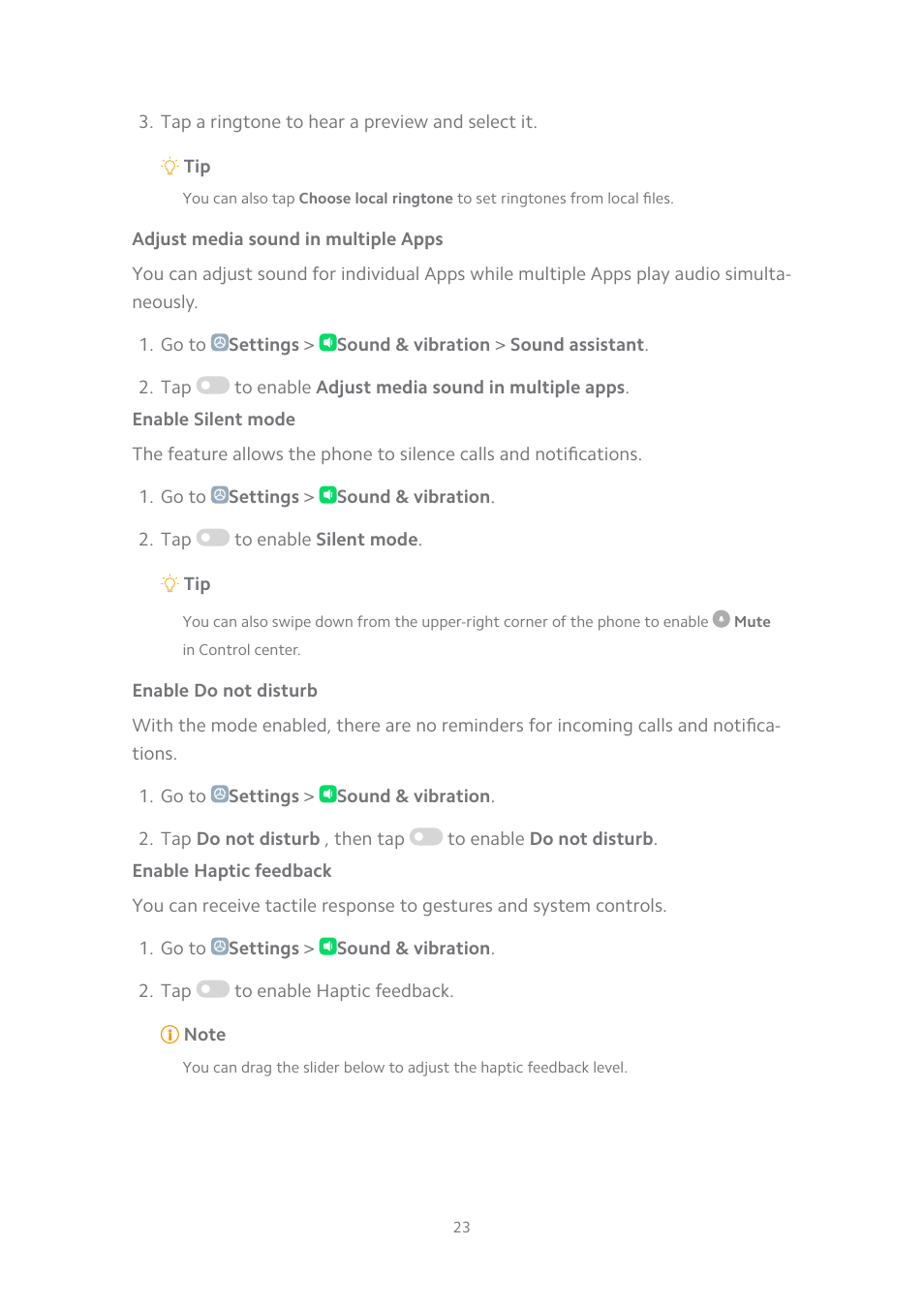 Adjust media sound in multiple apps, Enable silent mode, Enable do not disturb | Enable haptic feedback | Xiaomi MIUI 14 User Manual | Page 30 / 166
