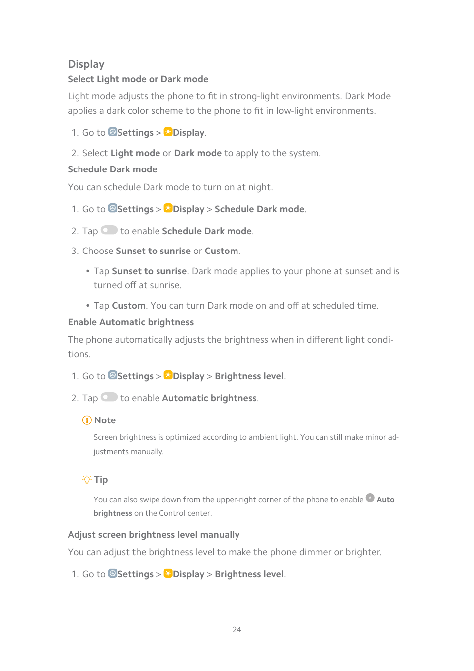 Display, Select light mode or dark mode, Schedule dark mode | Enable automatic brightness, Adjust screen brightness level manually | Xiaomi MIUI 14 User Manual | Page 31 / 166