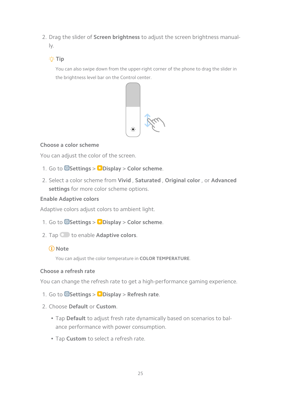 Choose a color scheme, Enable adaptive colors, Choose a refresh rate | Xiaomi MIUI 14 User Manual | Page 32 / 166