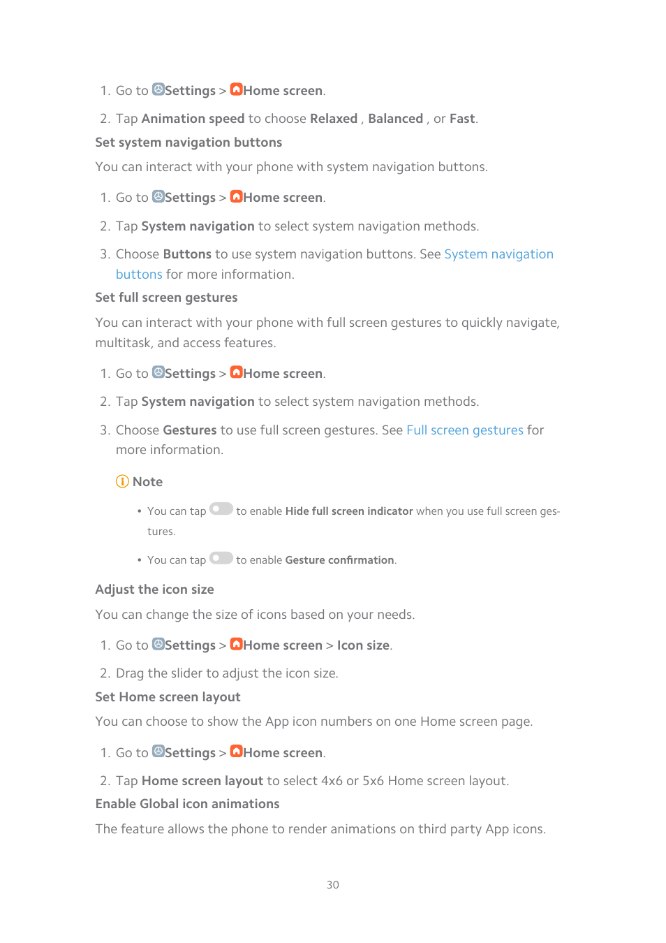 Set system navigation buttons, Set full screen gestures, Adjust the icon size | Set home screen layout, Enable global icon animations | Xiaomi MIUI 14 User Manual | Page 37 / 166