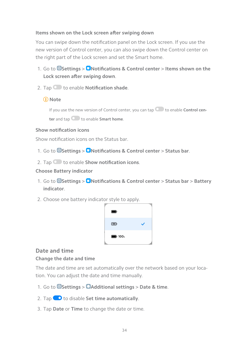 Items shown on the lock screen after swiping down, Show notification icons, Choose battery indicator | Date and time, Change the date and time | Xiaomi MIUI 14 User Manual | Page 41 / 166