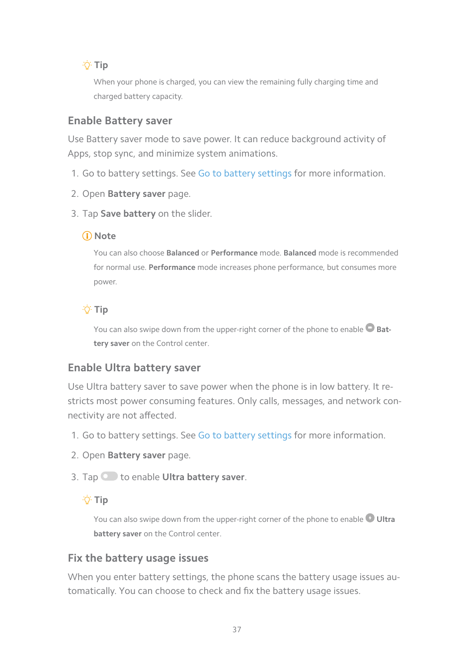 Enable battery saver, Enable ultra battery saver, Fix the battery usage issues | Xiaomi MIUI 14 User Manual | Page 44 / 166