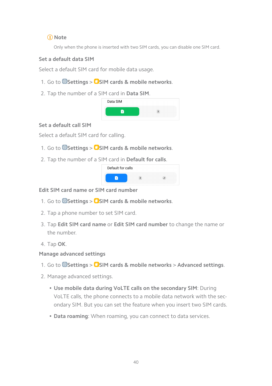 Set a default data sim, Set a default call sim, Edit sim card name or sim card number | Manage advanced settings | Xiaomi MIUI 14 User Manual | Page 47 / 166