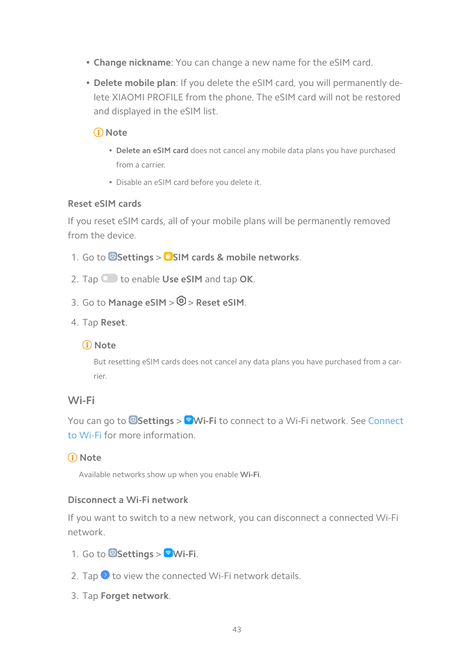 Reset esim cards, Wi-fi, Disconnect a wi-fi network | Xiaomi MIUI 14 User Manual | Page 50 / 166