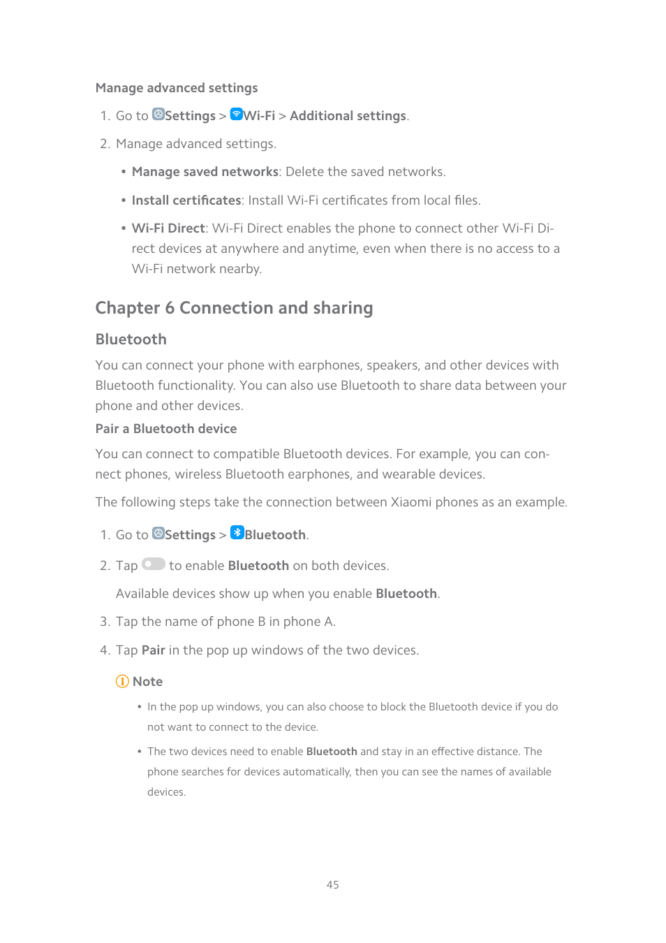 Manage advanced settings, Chapter 6 connection and sharing, Bluetooth | Pair a bluetooth device | Xiaomi MIUI 14 User Manual | Page 52 / 166