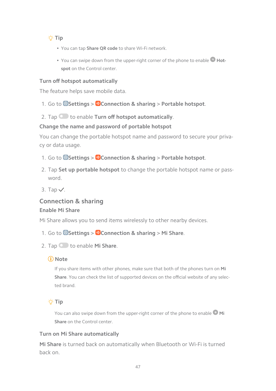 Turn off hotspot automatically, Change the name and password of portable hotspot, Connection & sharing | Enable mi share, Turn on mi share automatically | Xiaomi MIUI 14 User Manual | Page 54 / 166