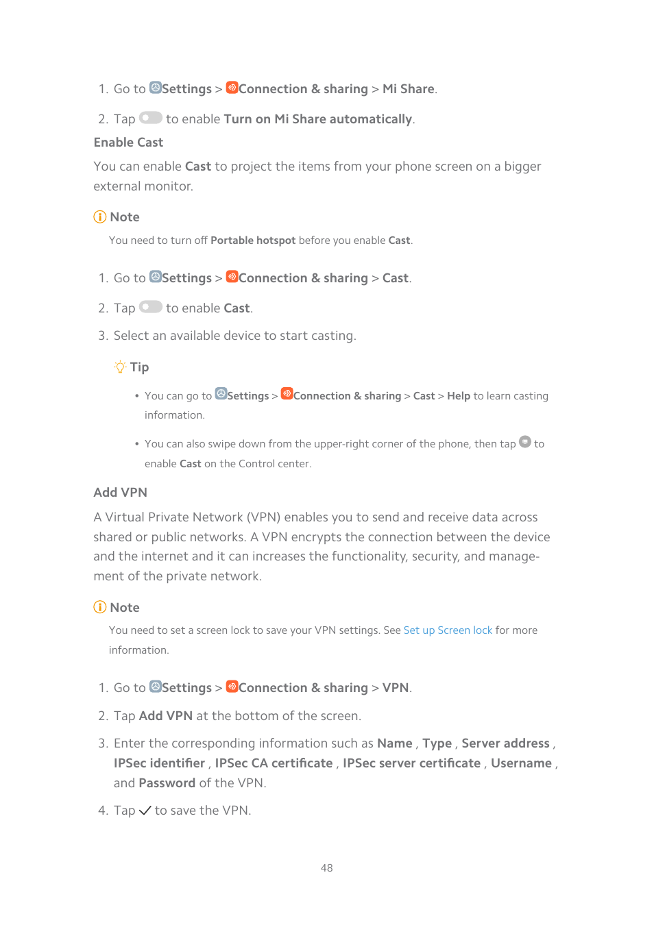 Enable cast, Add vpn | Xiaomi MIUI 14 User Manual | Page 55 / 166