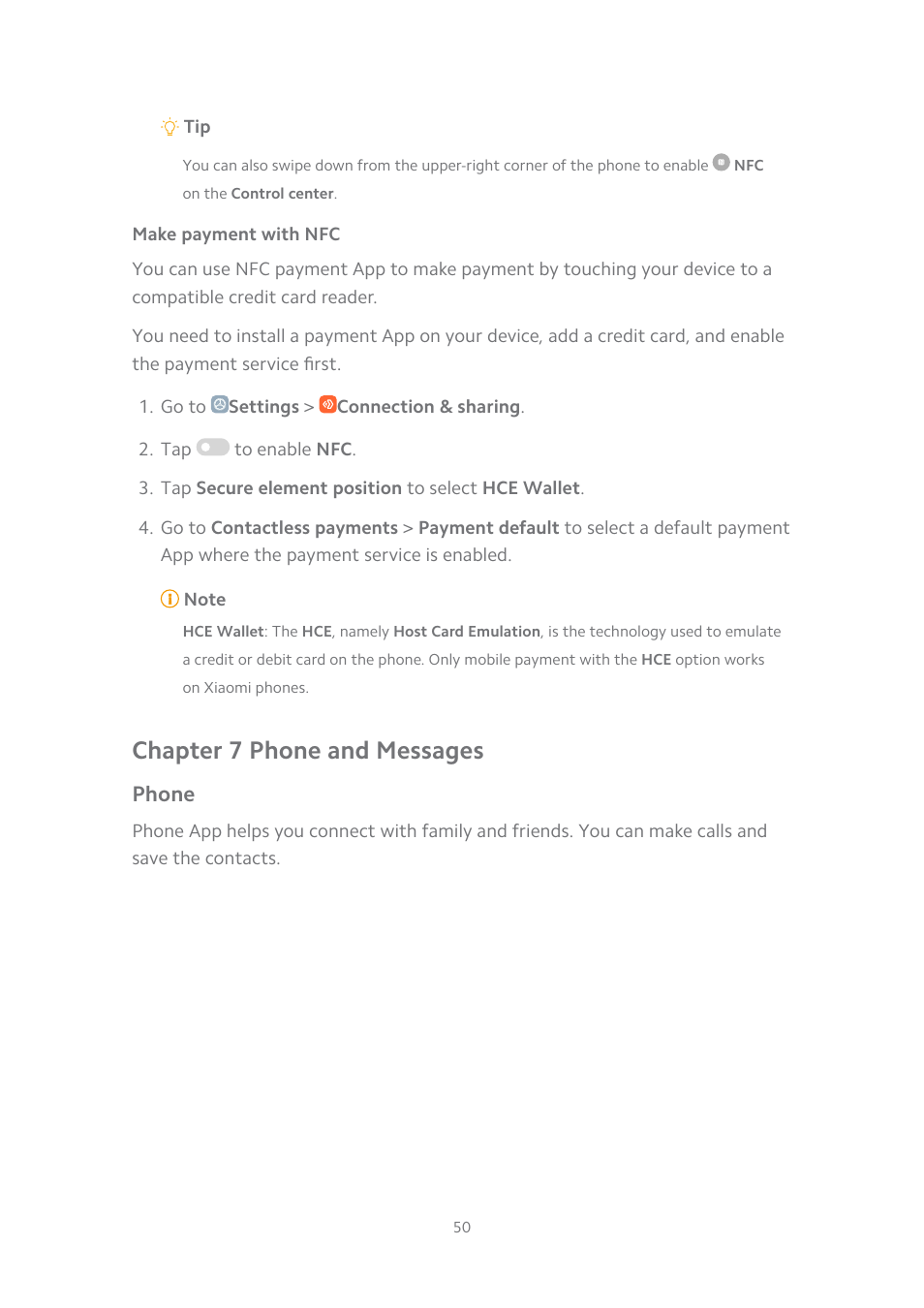 Make payment with nfc, Chapter 7 phone and messages, Phone | Xiaomi MIUI 14 User Manual | Page 57 / 166