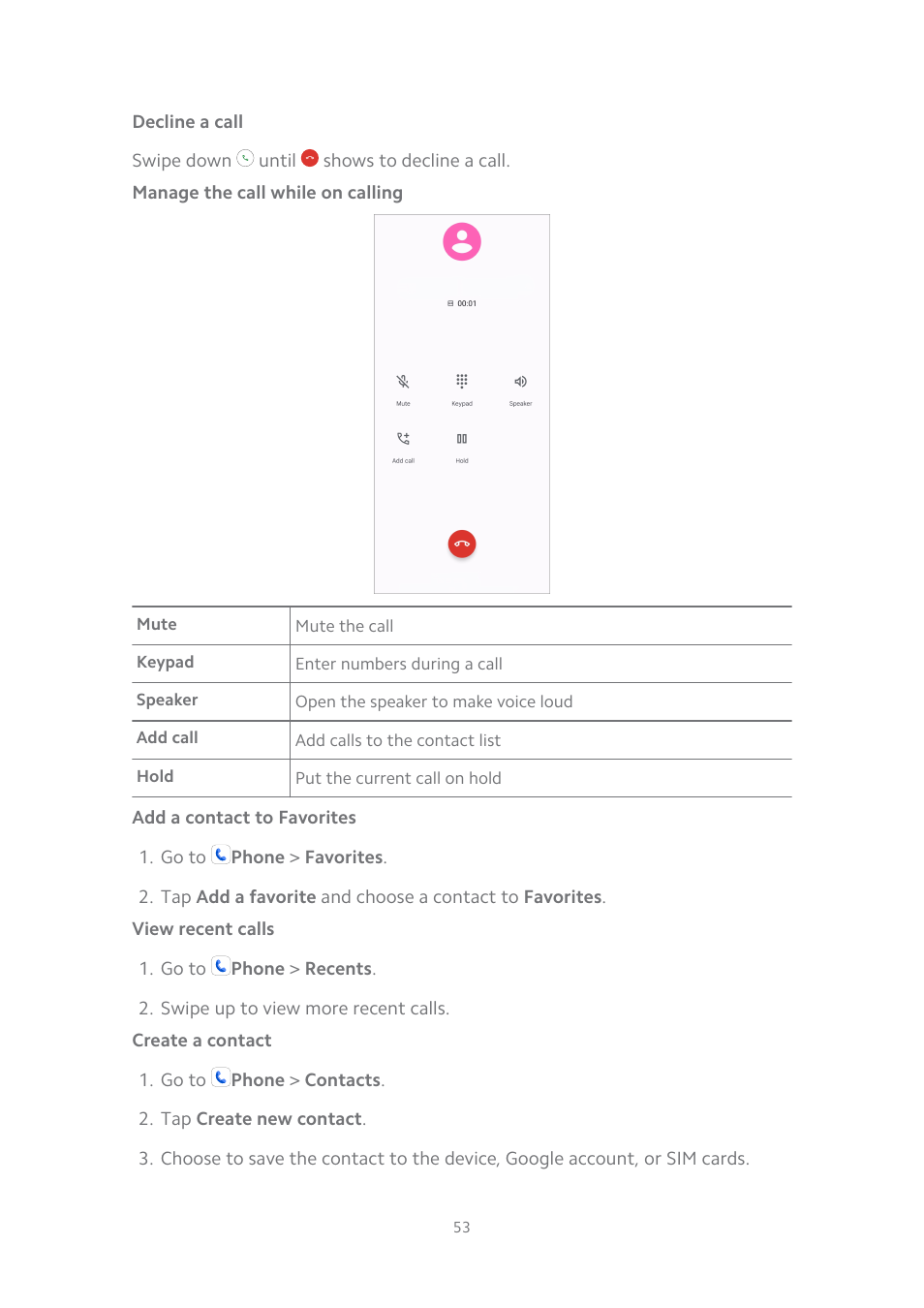 Decline a call, Manage the call while on calling, Add a contact to favorites | View recent calls, Create a contact | Xiaomi MIUI 14 User Manual | Page 60 / 166