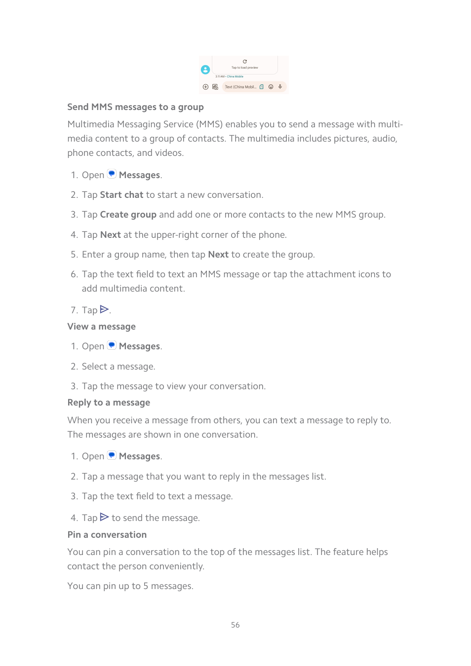 Send mms messages to a group, View a message, Reply to a message | Pin a conversation | Xiaomi MIUI 14 User Manual | Page 63 / 166