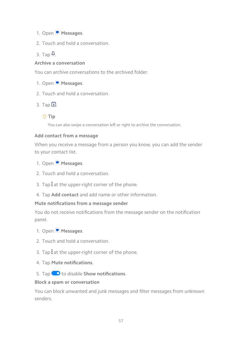 Archive a conversation, Add contact from a message, Mute notifications from a message sender | Block a spam or conversation | Xiaomi MIUI 14 User Manual | Page 64 / 166