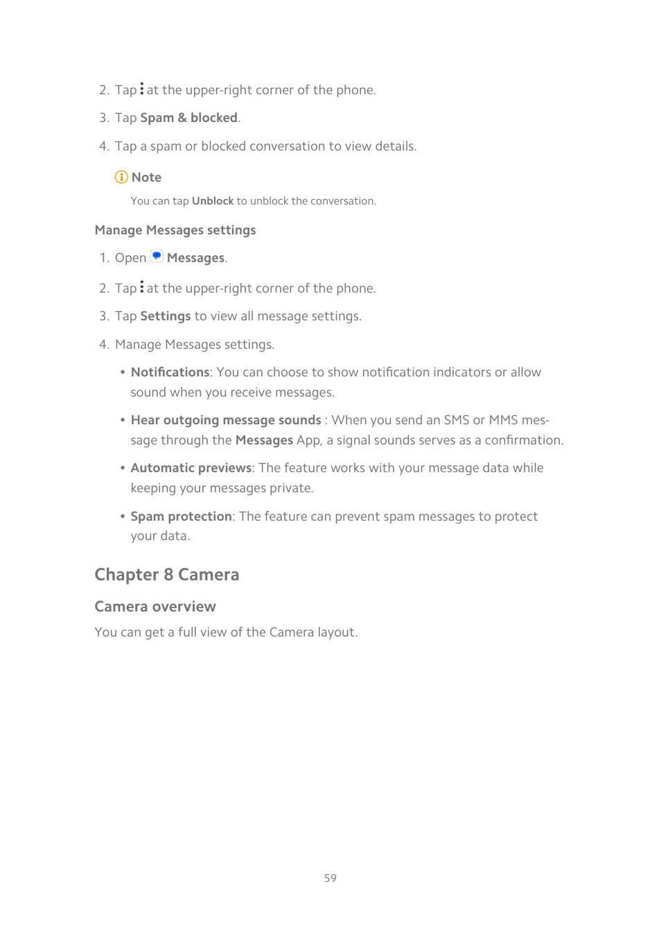 Manage messages settings, Chapter 8 camera, Camera overview | Xiaomi MIUI 14 User Manual | Page 66 / 166