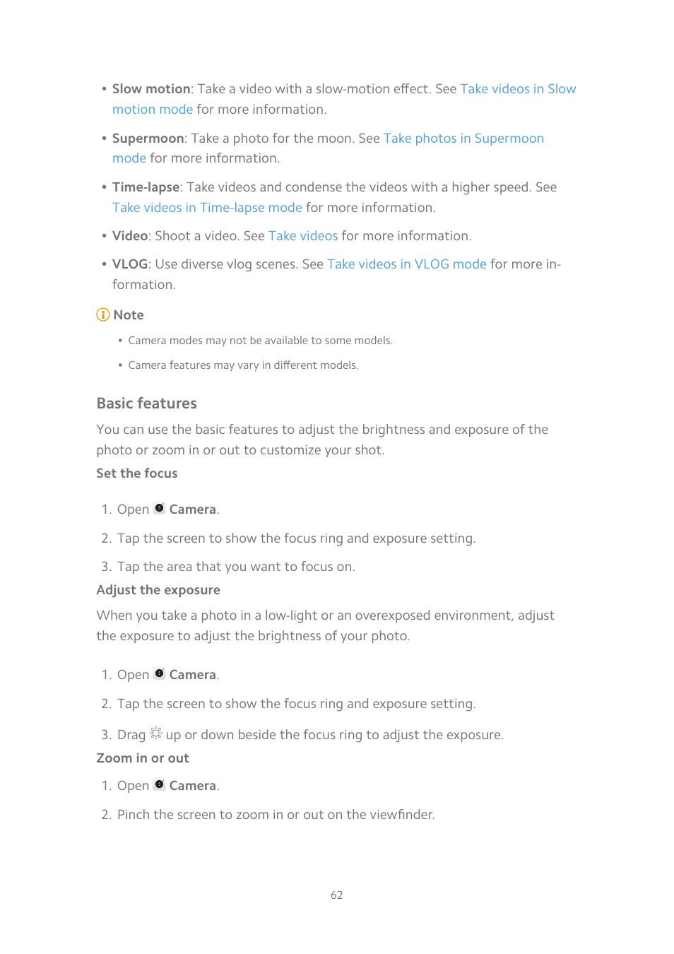 Basic features, Set the focus, Adjust the exposure | Zoom in or out, Our needs. see | Xiaomi MIUI 14 User Manual | Page 69 / 166