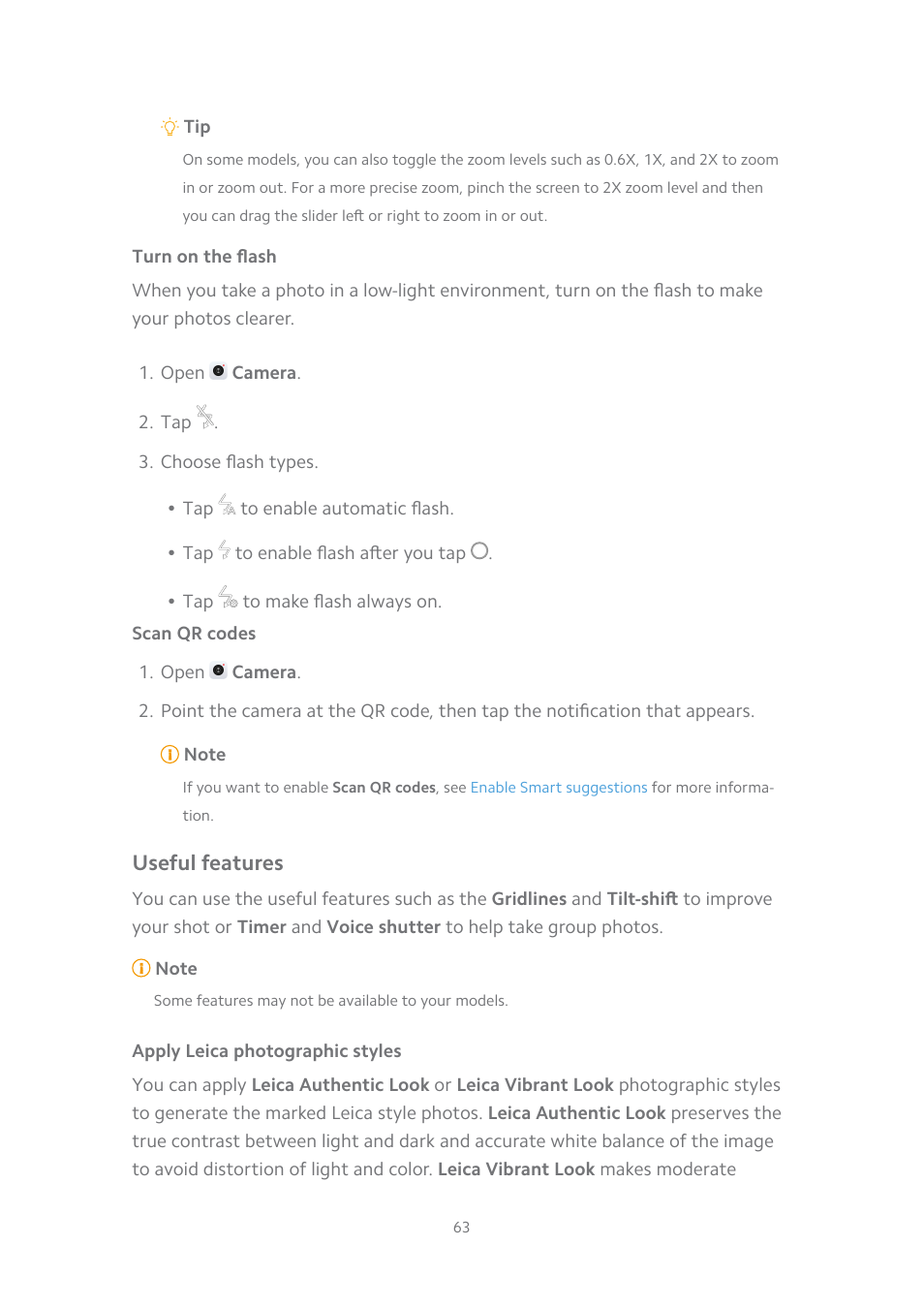 Turn on the flash, Scan qr codes, Useful features | Apply leica photographic styles | Xiaomi MIUI 14 User Manual | Page 70 / 166