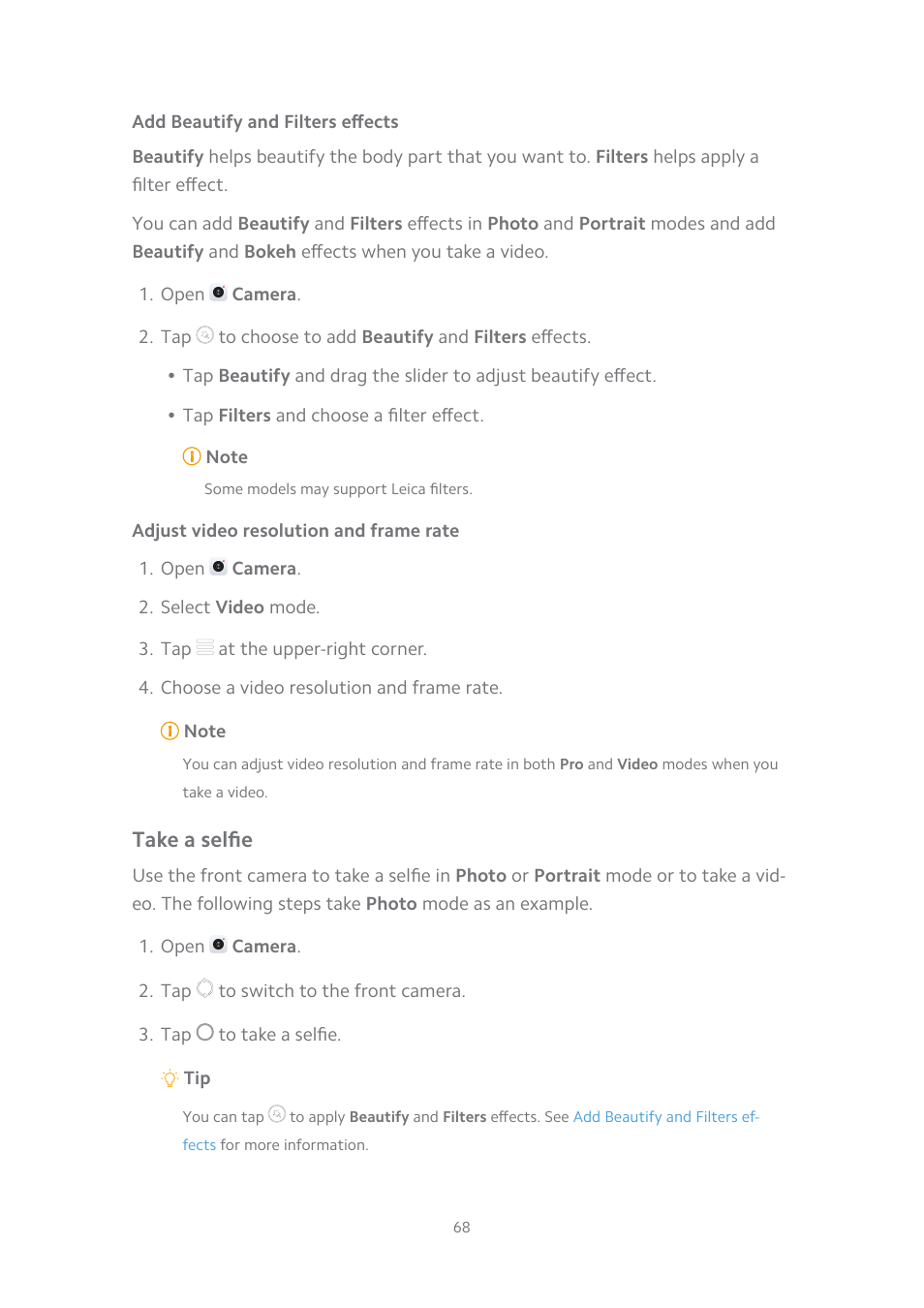 Add beautify and filters effects, Adjust video resolution and frame rate, Take a selfie | Xiaomi MIUI 14 User Manual | Page 75 / 166