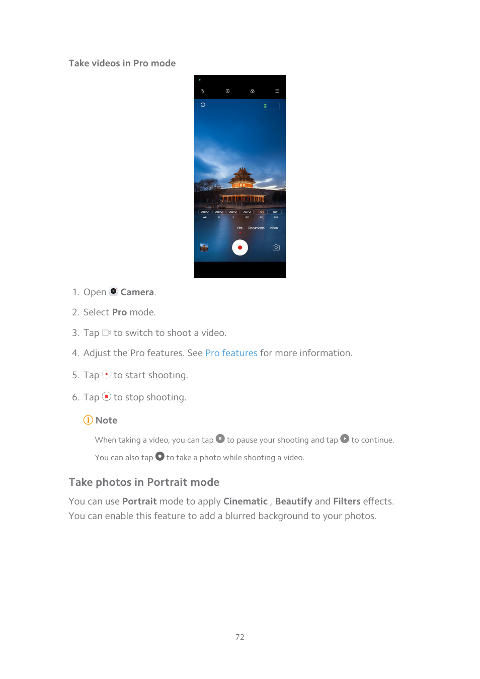 Take videos in pro mode, Take photos in portrait mode | Xiaomi MIUI 14 User Manual | Page 79 / 166