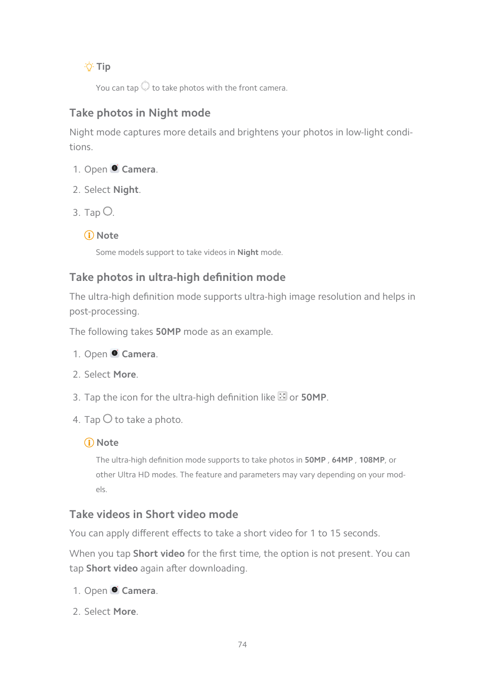 Take photos in night mode, Take photos in ultra-high definition mode, Take videos in short video mode | Take photos in, Night mode | Xiaomi MIUI 14 User Manual | Page 81 / 166