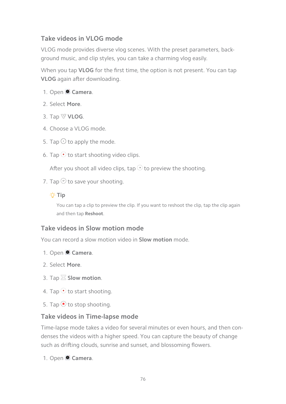 Take videos in vlog mode, Take videos in slow motion mode, Take videos in time-lapse mode | Take videos in slow, Motion mode, S. see | Xiaomi MIUI 14 User Manual | Page 83 / 166