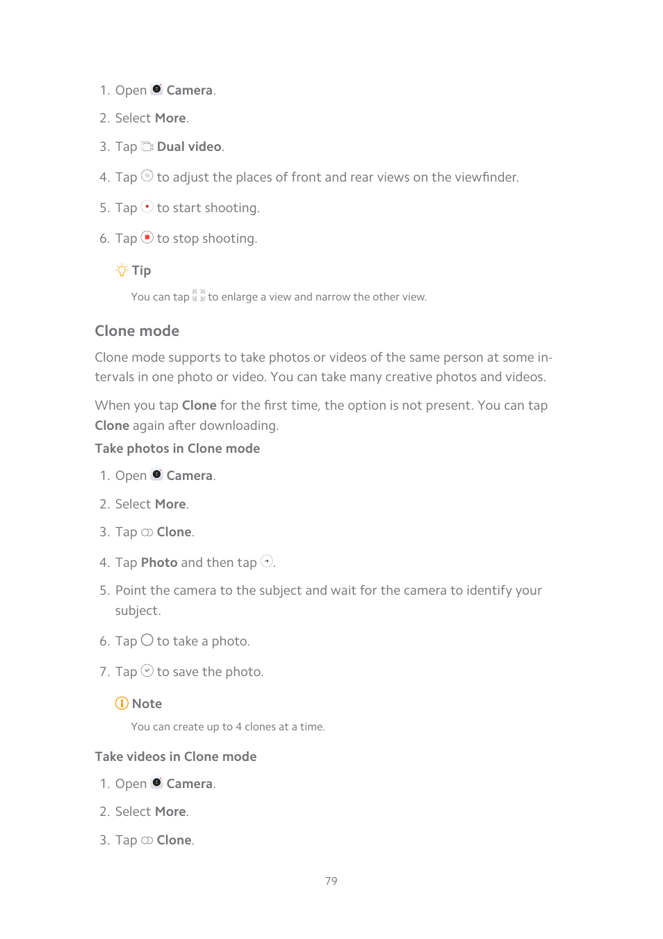 Clone mode, Take photos in clone mode, Take videos in clone mode | Xiaomi MIUI 14 User Manual | Page 86 / 166