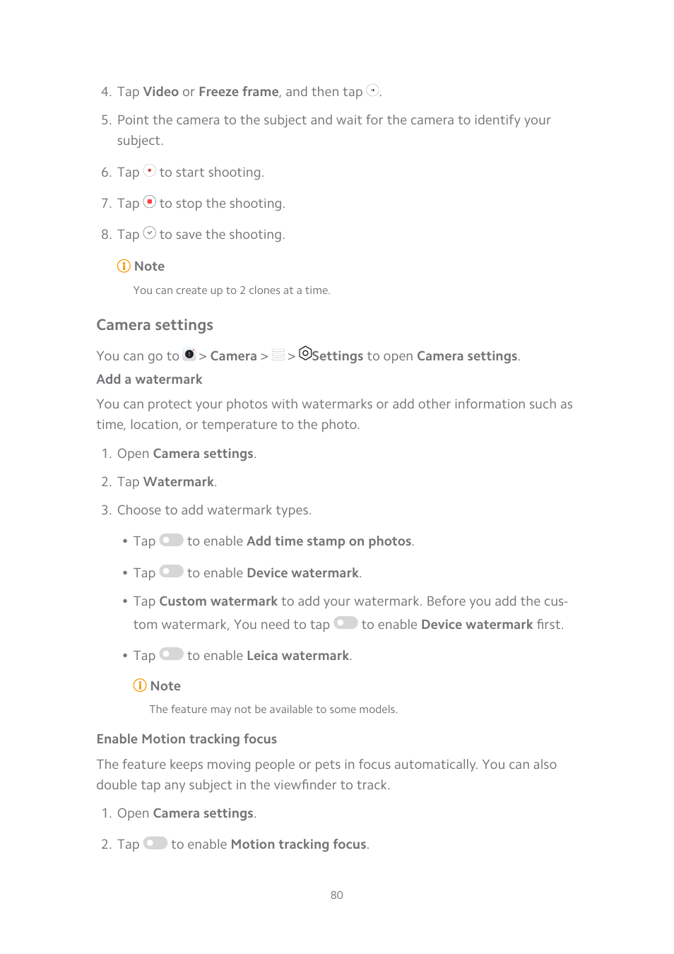 Camera settings, Add a watermark, Enable motion tracking focus | Xiaomi MIUI 14 User Manual | Page 87 / 166