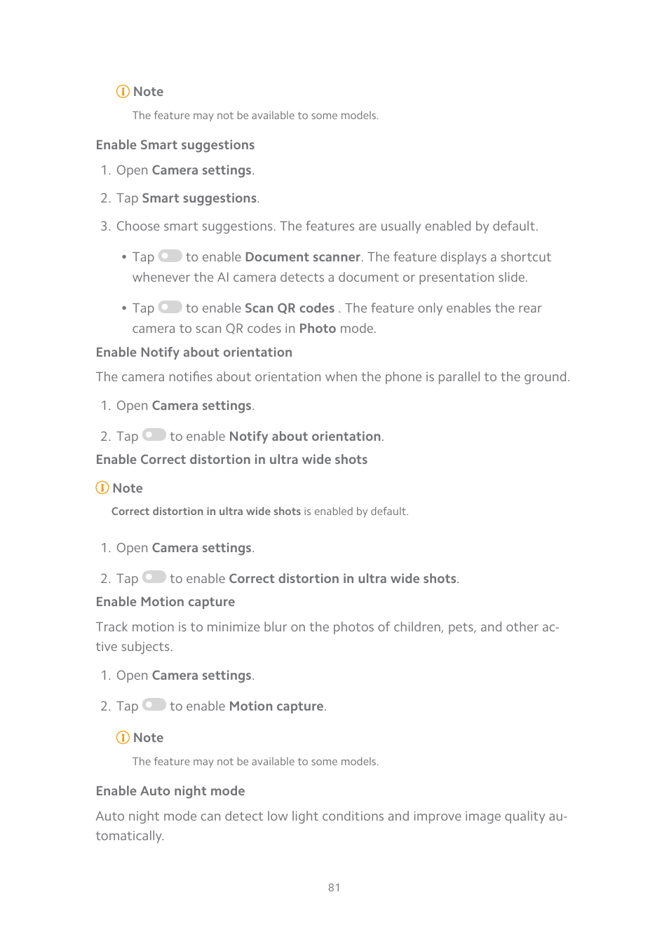 Enable smart suggestions, Enable notify about orientation, Enable correct distortion in ultra wide shots | Enable motion capture, Enable auto night mode | Xiaomi MIUI 14 User Manual | Page 88 / 166