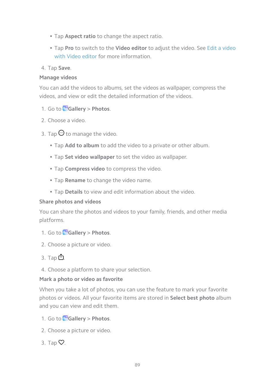 Manage videos, Share photos and videos, Mark a photo or video as favorite | Xiaomi MIUI 14 User Manual | Page 96 / 166