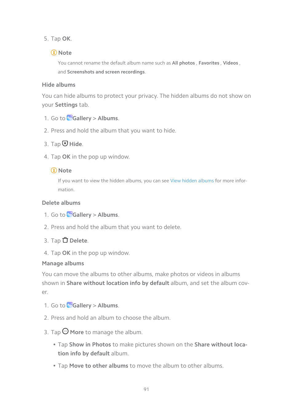 Hide albums, Delete albums, Manage albums | Xiaomi MIUI 14 User Manual | Page 98 / 166