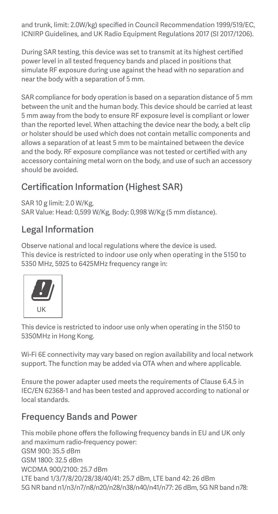 Certification information (highest sar), Legal information, Frequency bands and power | Xiaomi 12 Pro User Manual | Page 10 / 29