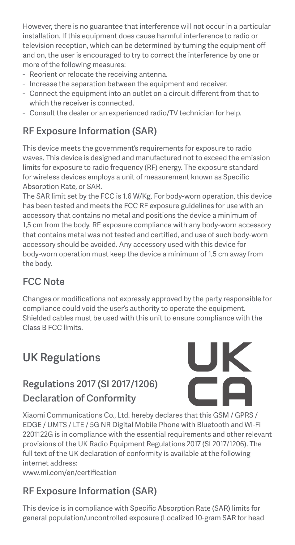 Uk regulations, Rf exposure information (sar) | Xiaomi 12 Pro User Manual | Page 9 / 29