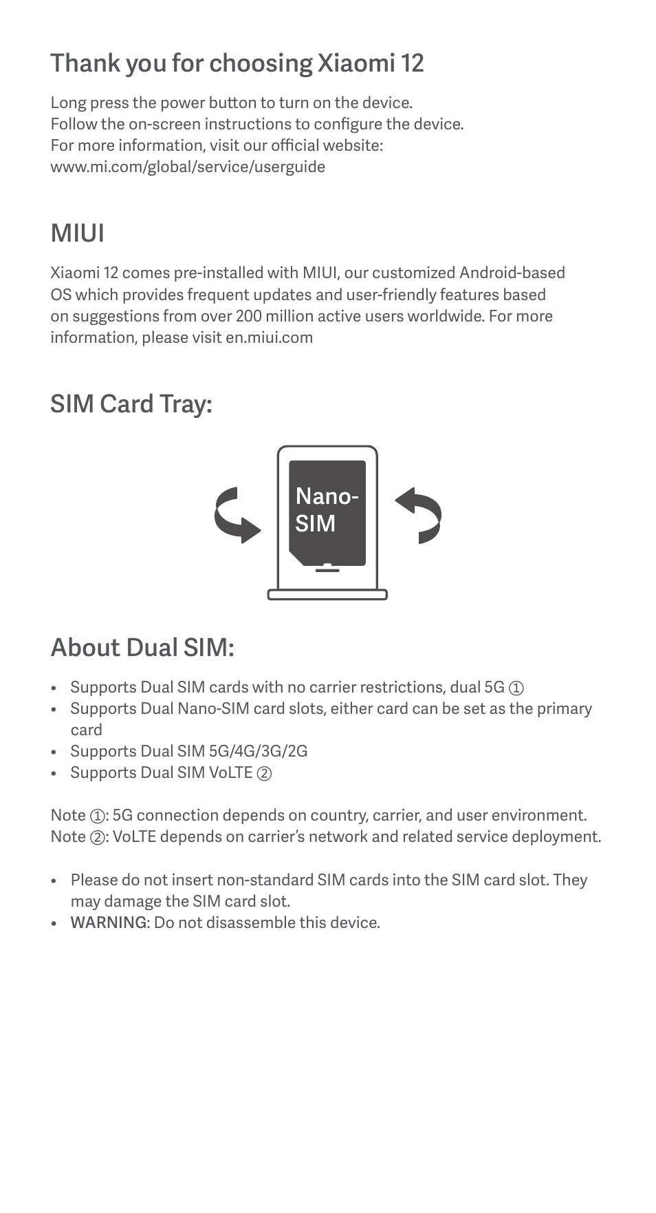 Miui, Sim card tray: about dual sim | Xiaomi 12 User Manual | Page 3 / 26