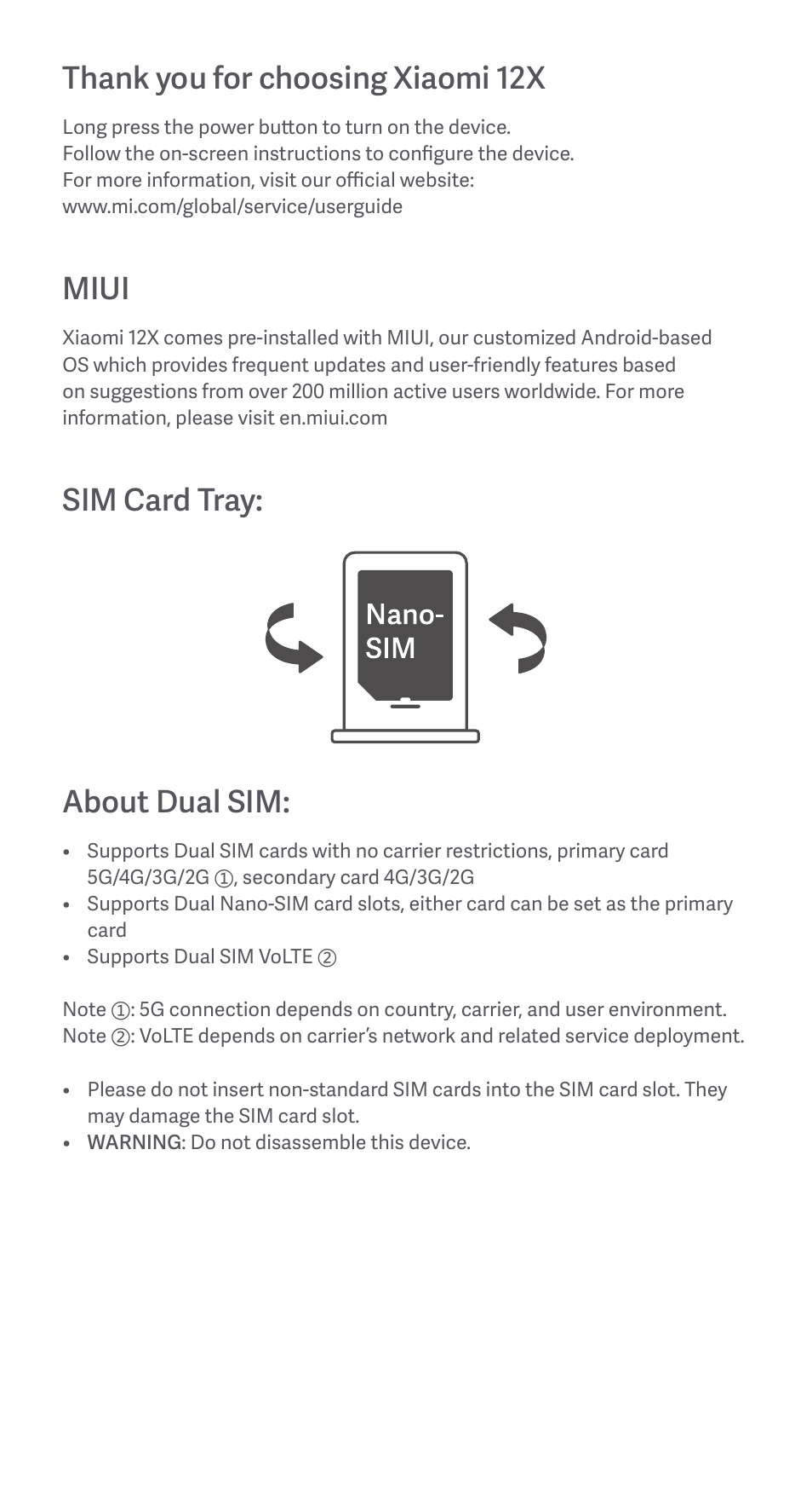 Miui, Sim card tray: about dual sim | Xiaomi 12X User Manual | Page 3 / 24