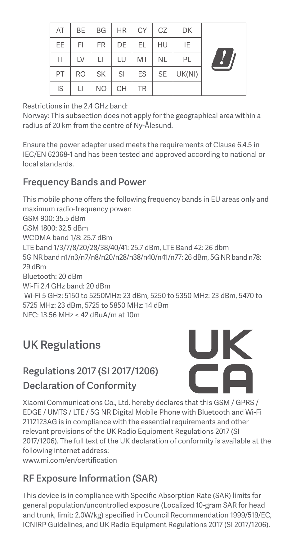 Uk regulations, Frequency bands and power, Rf exposure information (sar) | Xiaomi 12X User Manual | Page 7 / 24