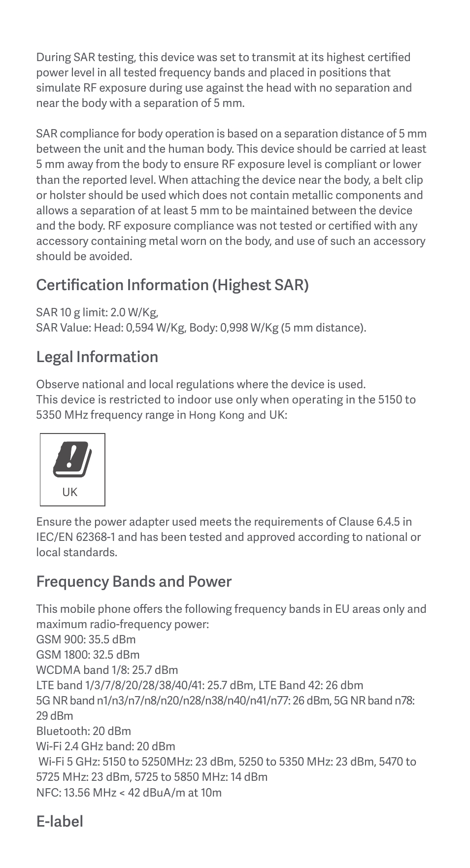 Certification information (highest sar), Legal information, Frequency bands and power | E-label | Xiaomi 12X User Manual | Page 8 / 24