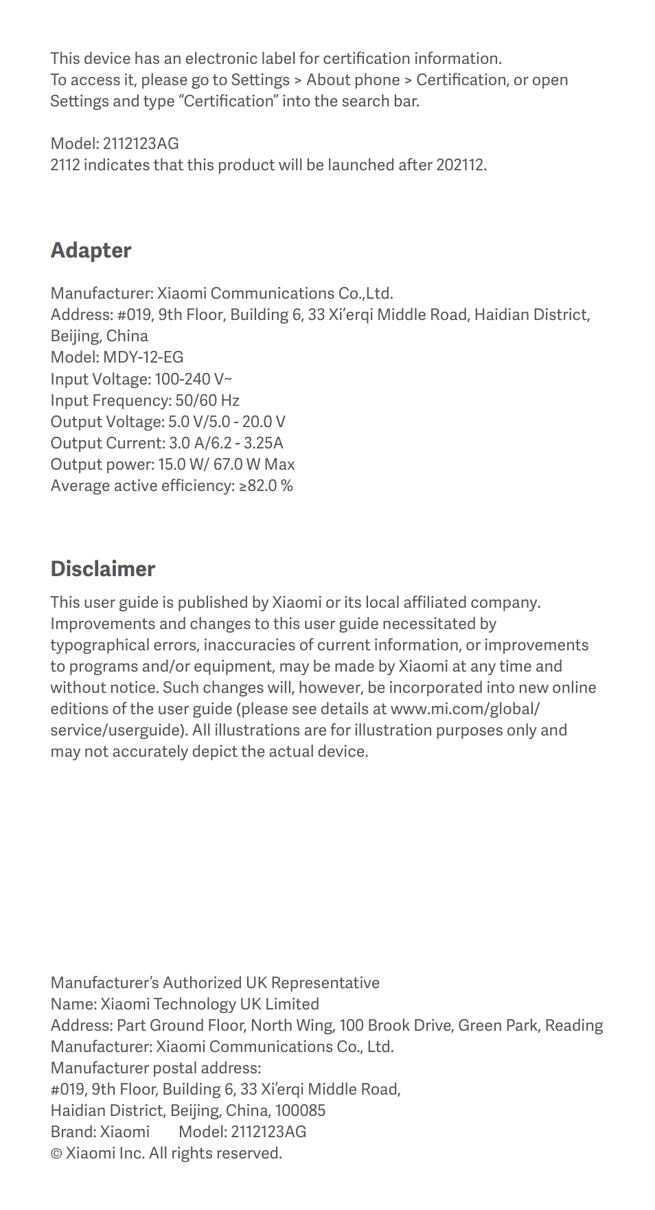 Adapter, Disclaimer | Xiaomi 12X User Manual | Page 9 / 24