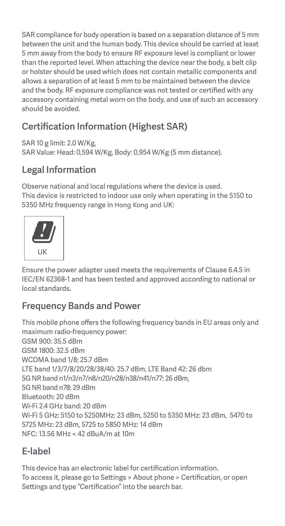 Certification information (highest sar), Legal information, Frequency bands and power | E-label | Xiaomi 11 Lite 5G NE User Manual | Page 9 / 26