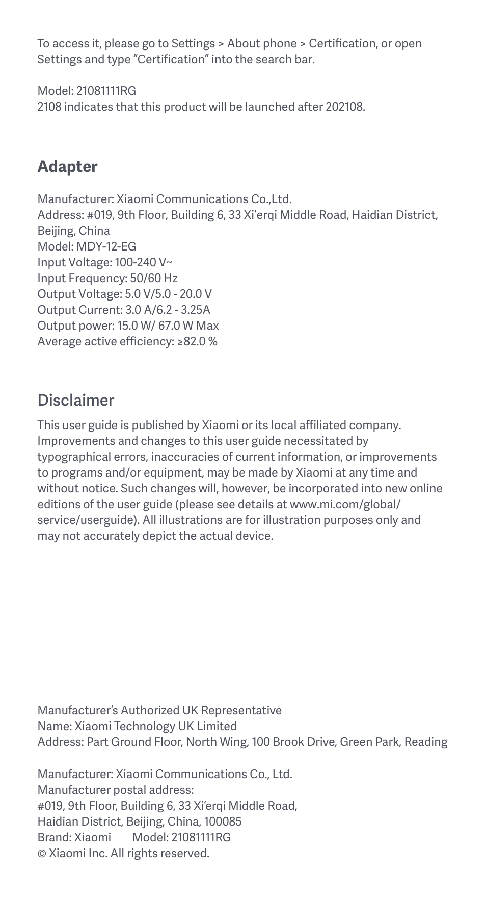 Adapter, Disclaimer | Xiaomi 11T User Manual | Page 10 / 26