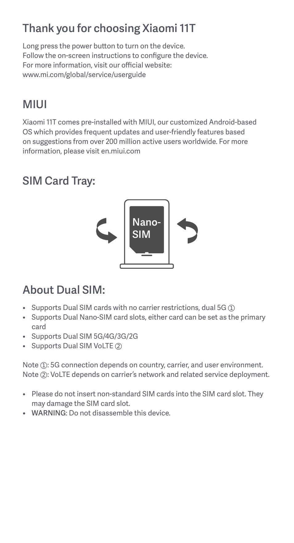 Miui, Sim card tray: about dual sim | Xiaomi 11T User Manual | Page 3 / 26