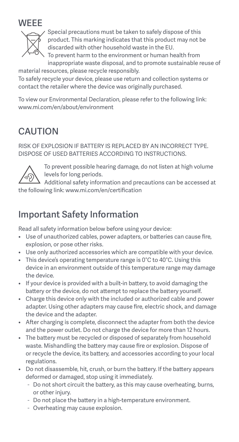 Weee, Caution, Important safety information | Xiaomi 11T User Manual | Page 4 / 26