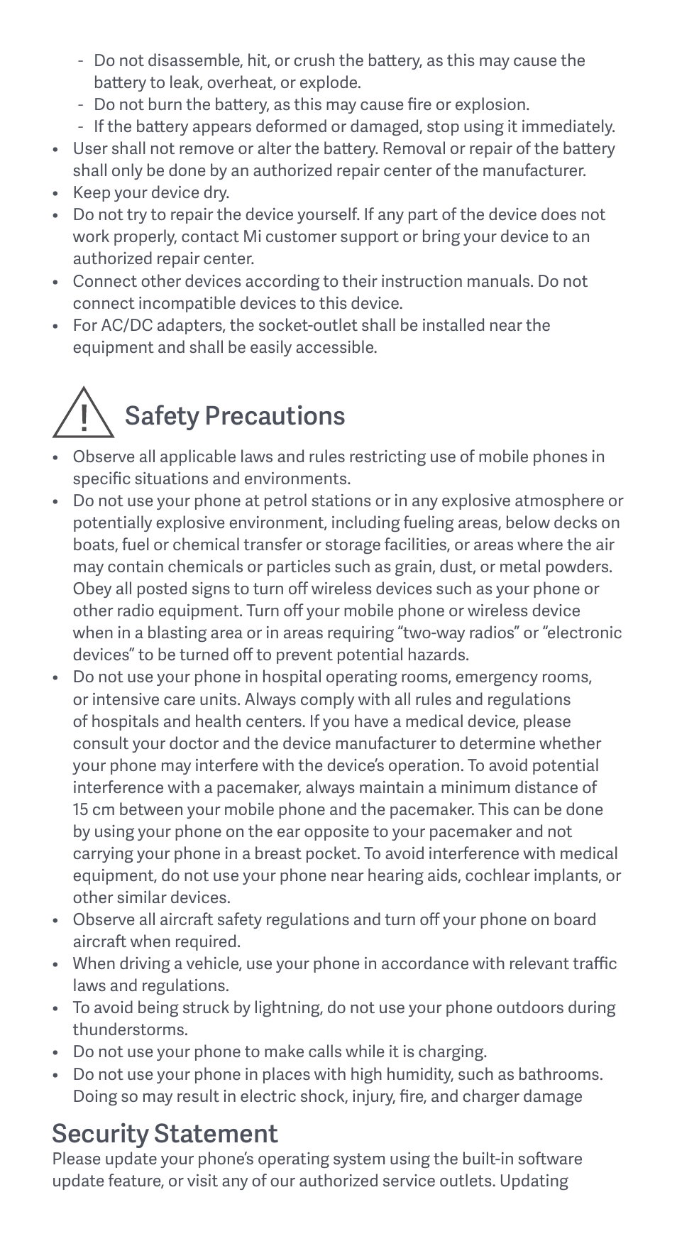 Safety precautions, Security statement | Xiaomi 11T User Manual | Page 5 / 26