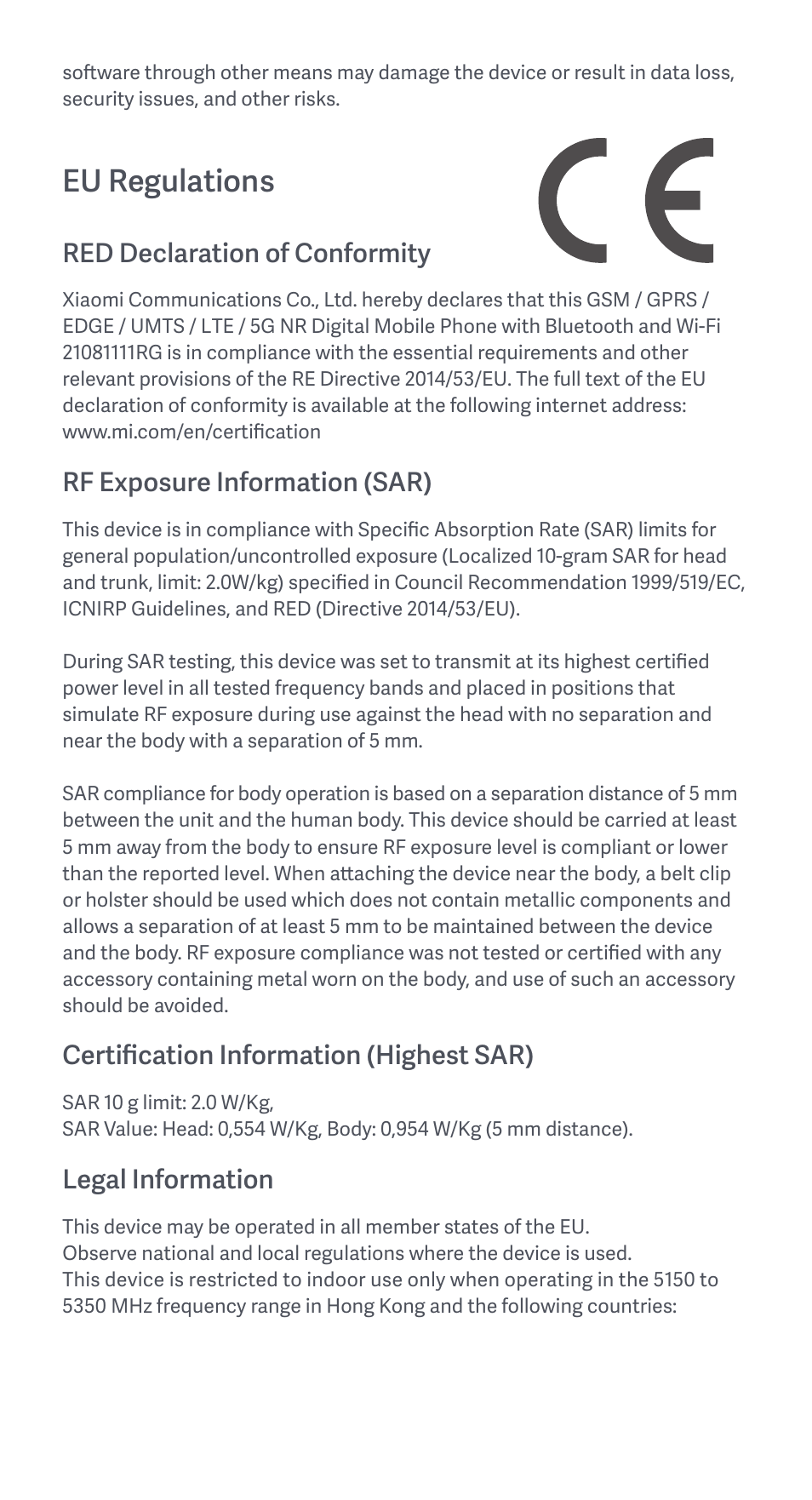 Eu regulations, Red declaration of conformity, Rf exposure information (sar) | Certification information (highest sar), Legal information | Xiaomi 11T User Manual | Page 6 / 26