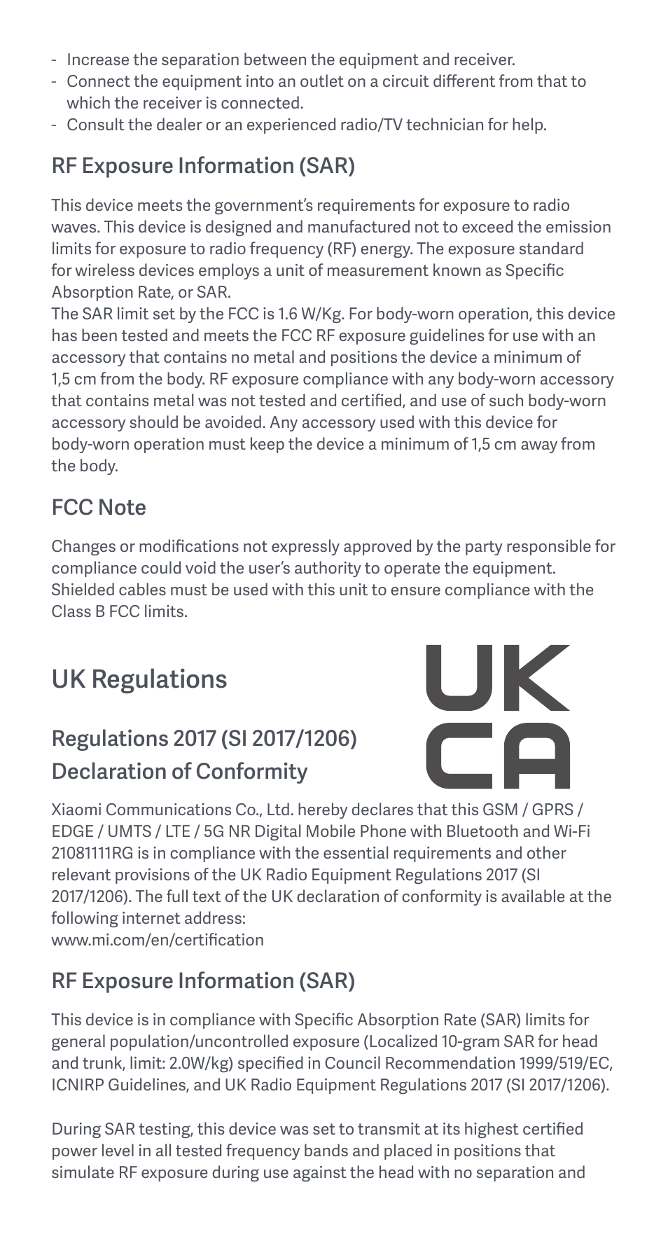 Uk regulations, Rf exposure information (sar) | Xiaomi 11T User Manual | Page 8 / 26
